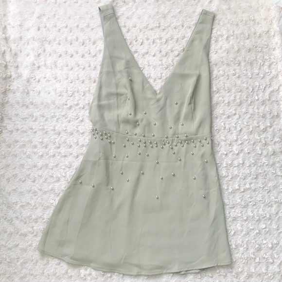 WILDFOX COUTURE PEARL SAGE GREEN MINI V-NECK DRESS - Picture 5 of 11